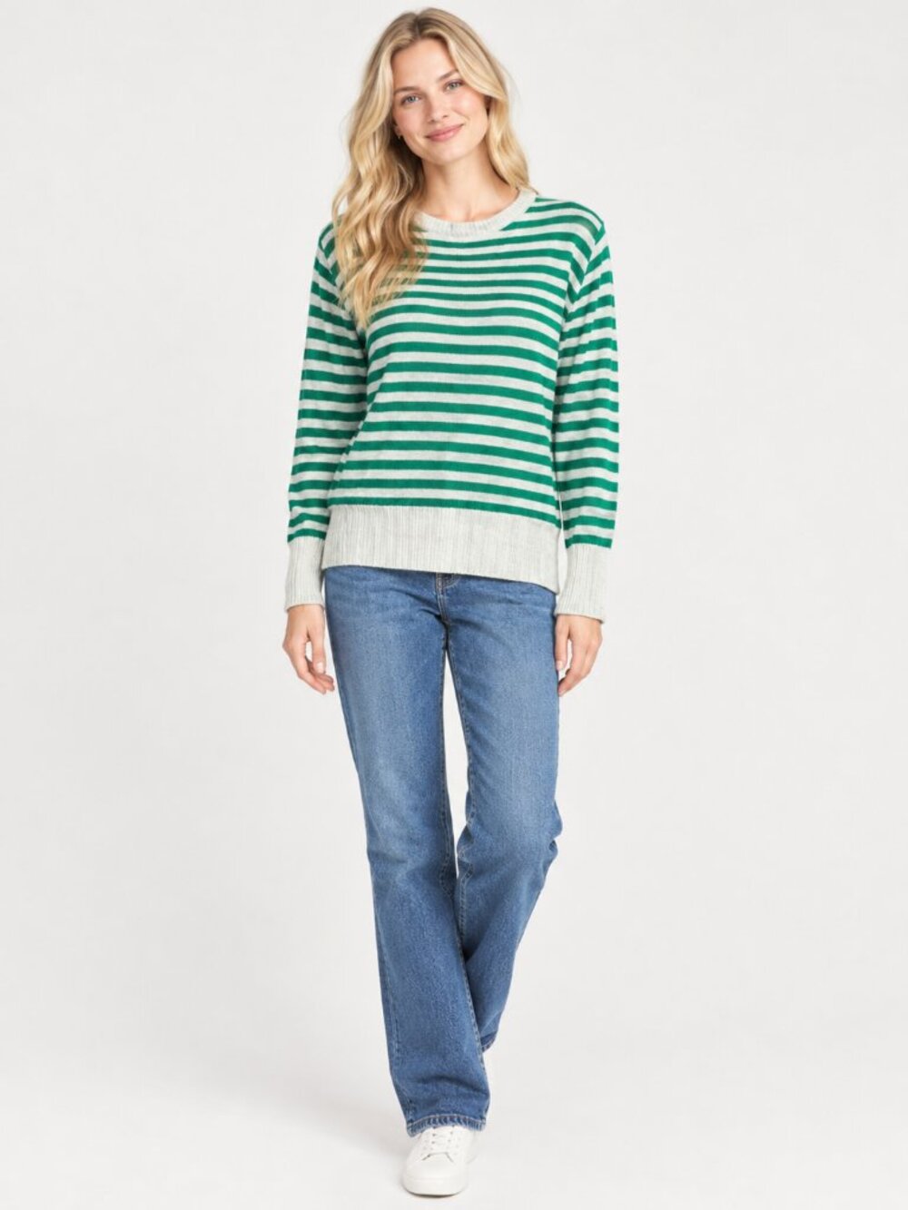2/$30 T TAHARI Ribbed Trim Scoop Neck Pullover Sweater Green Striped #A5033